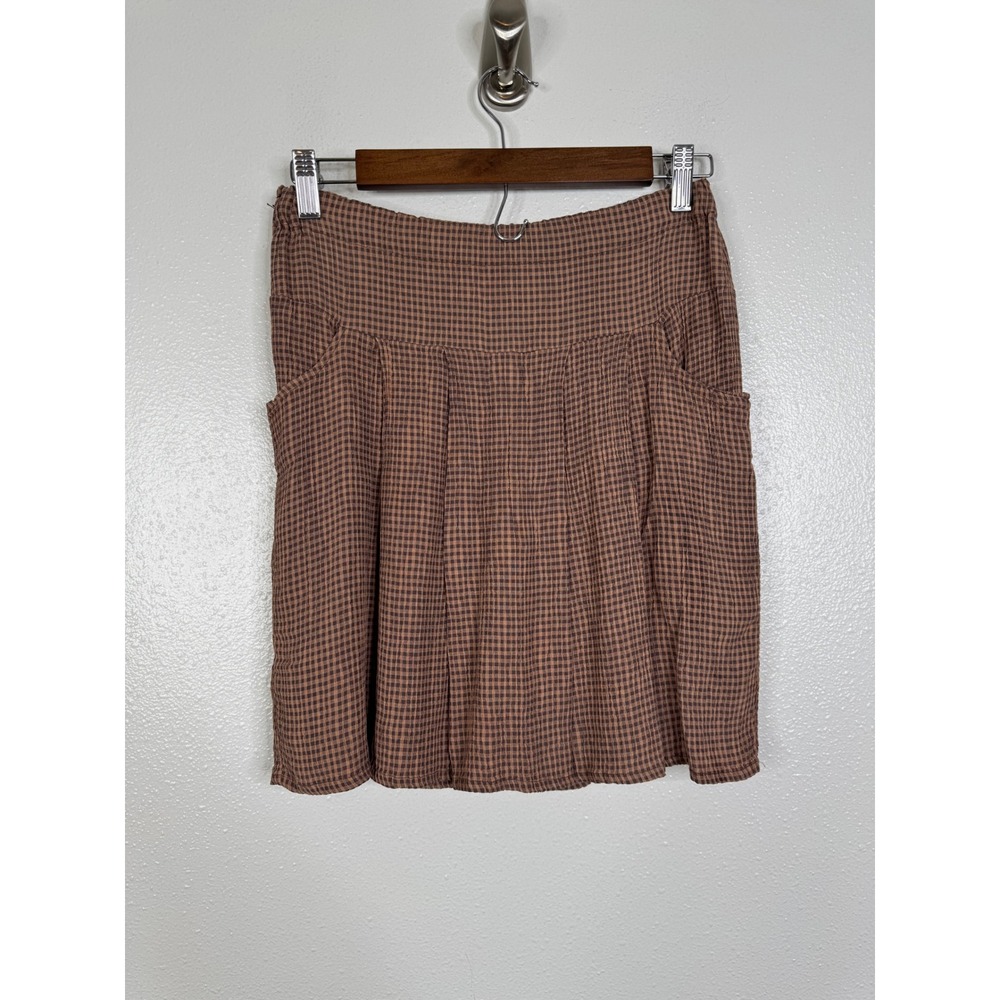 FLAX by Jeanne Engelhart Brown Gingham Mini Skirt Pockets Small